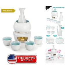 White Ceramic Sake Set with Warmer Pot, Japanese Style Porcelain Hot Saki Dri... picture