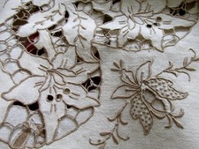 Vintage 1950's Madiera Hand Embroidered Cutwork White Linen Tablecloth picture