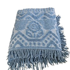 VTG Bates Chenille Bedspread Blue Tufted Cotton Medallion Scroll Fringe USA 105