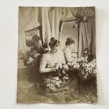 Antique B&W Snapshot Photograph Beautiful Young Woman Mirror Back Of Head Flower picture