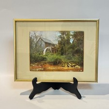 Vintage 70s Retro Foil Art Image in Gold Frame Water Mill Farm Country Scene picture