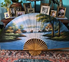Lg Vintage Original Hand Painted Florida Swamp Landscape Wall Fan Oil Painting picture