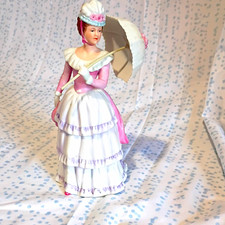 Victorian Lady Porcelain Woman Figurine Holding Parasol Umbrella Pink White picture
