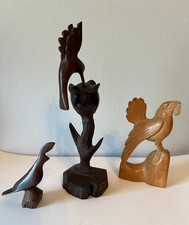 Lot of 3 unique Hand Carved Wooden Bird Figurines Folk Art Hummingbird w/ Flower picture