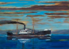 Original Oil Painting Steam Ship Tramp Steamer Freighter American Artist picture