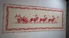 Vtg Christmas Table Runner 41” X 16” Santa W/ His Sleigh & Reindeer Red & White picture
