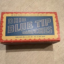 Vintage 1955 Ohio Blue Tip Matches Box Early American Fireplace Graphic Full 2oz picture
