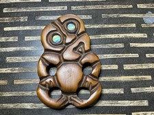 Vintage Maori Wood Carving Hei Tiki Rotorua New Zealand Abalone Paua Shell Eyes picture