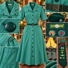 Vintage 1960 Girl Scouts USA Uniform Dress Set Beret Sash Patches Green Pre-Teen picture