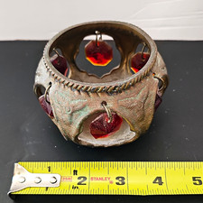 Art Nouveau Bronze Metal Candle Holder w/ Red Glass Hanging Crystals, Antique picture