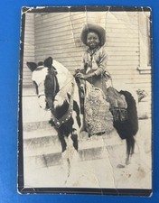 1940s Cowboy African American Boy Pinto Pony B&W Photo Black Americana Wrinkled picture