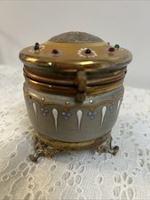 Vintage Evans Hinged Lid Glass Brass Table Lighter Hand Painted Jeweled USA Feet picture