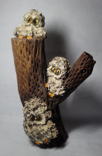 Vtg 1970s Kitschy Big Eyed Owl Fanily on Chola Cactus Sculpture Whimsical MCM picture