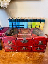 Antique Wood Asian Chinoiserie Lacquered Mirrored Vanity Jewelry Box picture