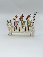 Crackled Cat With 3 Chickens Roosters Figurine Whimsical Farmhouse 5” picture