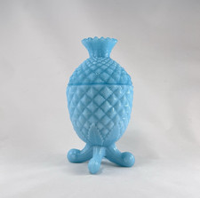 Vintage Blue Opaline Milk Glass Pineapple Covered Candy Dish Footed 7