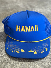 Vintage 80s Hawaii Trucker Hat Hawaiian Headwear Blue Gold Leaves Rope Snapback⁠ picture