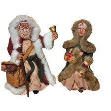VTG 92 Atlantic Mold Santa Mrs Claus Hand Painted Ceramic Figurine Set FurRed picture