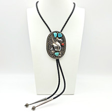 Vintage Native American Navajo Sterling Silver Bolo Tie Turquoise & Coral