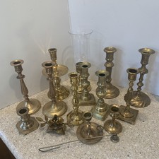 Lot 14 Solid Brass Candlesticks vintage assortment sizes and styles 2 sets  picture