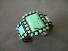 Native American Blue-Green Turquoise Cluster Sterling Silver Cuff Bracelet 85g picture