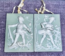 2-VTG MCM Japan Arnart Ceramic Porcelain Cherub Wall Plaque Bisque Sage Green picture
