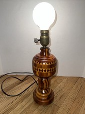 Vintage Handmade Segmented Wood Inlay Table Lamp Folk Art Geometric 13” picture