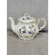 Vintage Zsolnay Hungary Teapot Blue Floral Cornflower Gold Trim Hand Painted picture