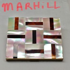 Marhill Mother Of Pearl Compact With Mirror And Puff, Vintage Mid Century Modern picture