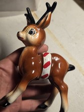 Vtg 1956 Kreiss Reindeer Figurine Candy Cane Harness Japan Ceramic Christmas MCM picture