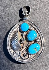Vintage Navajo (Diné) FJ Henry Reversible Pendant Sterling Turquoise Kokopelli picture