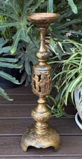 Antique Vintage Asian Brass Altar Candlestick Buddha Floral Repoussé & Pierced picture