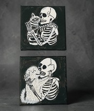 ORIGINAL GOTHIC SKELETON CAT DOG PAINTING SET WHIMSIGOTH ACRYLIC CANVAS 4” x 4” picture