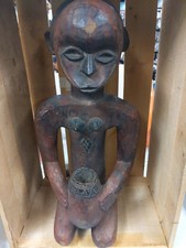 Antique African Fine Art, VTG Hand Carved Wood Female Figure W/ Bowl 17