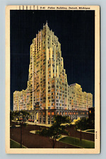 Detroit MI-Michigan, Fisher Building, Scenic At Night, Vintage Postcard picture