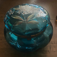 Antique blue aqua glass hand painted French pill box. picture