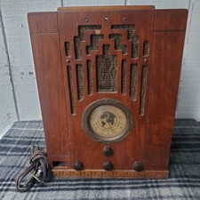 VTG 1935 Detrola Art Deco Wood Tombstone Tube Radio Globe Map Dial B175555 READ picture