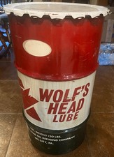 Vintage Wolf’s Head Steel Oil Drum Industrial gas station Shop Garage Barrel picture
