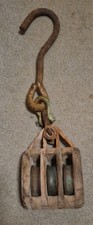 Antique Vintage Wood & Iron Block & Tackle Triple Pulley picture