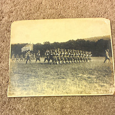 Vintage Original Black & White Military Men Marching w/ American Flag Photo picture