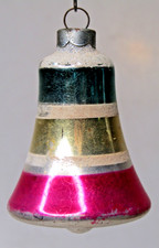 VTG Glass Frosted Mica Striped Tricolor BELL Christmas Ornament Franke picture
