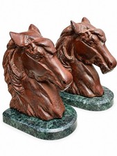 Vintage Horse Head Bookends Green Marble Bases 6.5” Pair Equestrian Decor picture