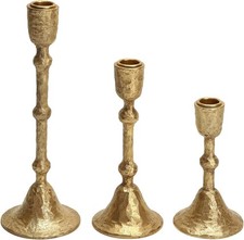 Vintage Elegant Gold Hammered Taper Candle Holders Set of 3 Classic Decorative picture