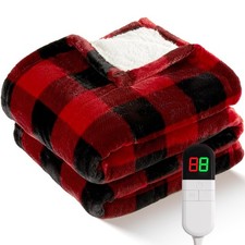 Electric Heated Sherpa Buffalo Plaid Christmas Throw 8 Heating Levels Red picture