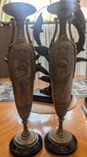 Antique Pair Spelter Metal Mantel Urns 16.5