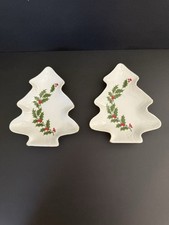 Set Of 2 VTG Christmas Tree Candy Dishes R. H. Macy & Co  Ivory Holly Japan picture