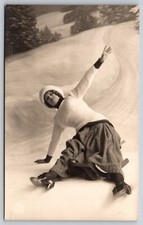 Vintage RPPC Woman Ice Skating Fall Scene Winter Holidays Postcard UNPOSTED picture