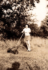1946 Young Lady Mowing w/ Reel Mower Americana Fashion Snapshot VINTAGE Photo picture