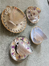 Lot of 4 Vintage Mismatched Teacup & Saucer Sets Floral Gold Luster Booths Engla picture