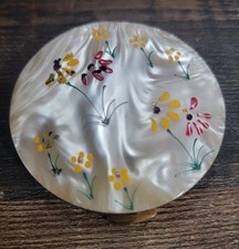 Vintage Mother of Pearl Powder Compact Floral Painted Gold Tone Vanity Mirror picture